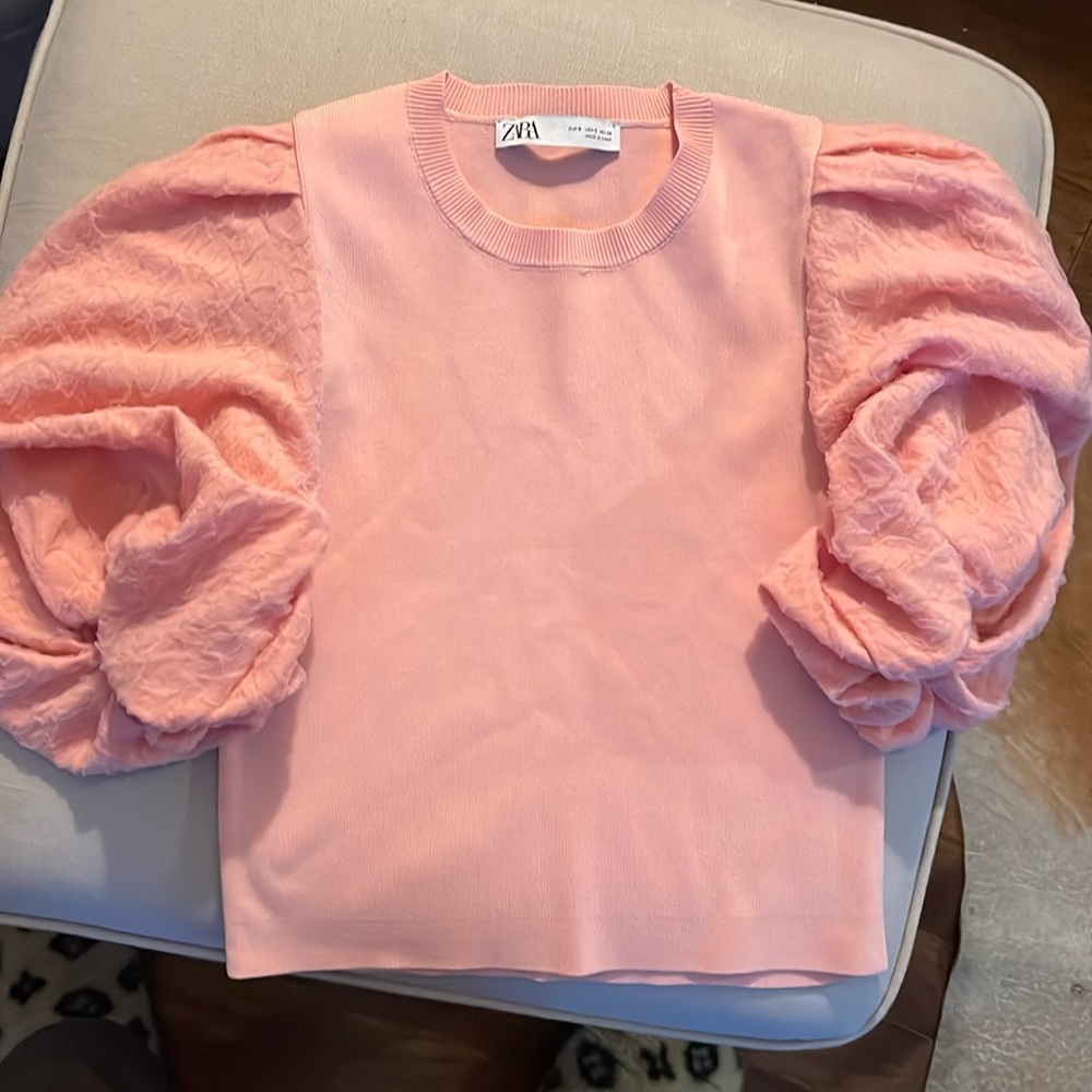 ZARA Pink Puff Sleeve Cropped Top NWOT Size Medium
